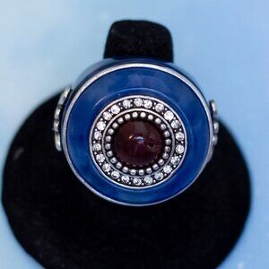 Size 8, Vintage Bead Blue Circle Clear Rhinestones Silver Tone Band Ring | J30
